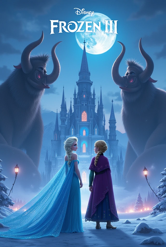 Briefly I want a coverage of Disney FROZEN III,, whereby I want Elsa hair opened and Anna
and some three giant monsters with horns
Add arandelle palace
Lastly write FROZEN III