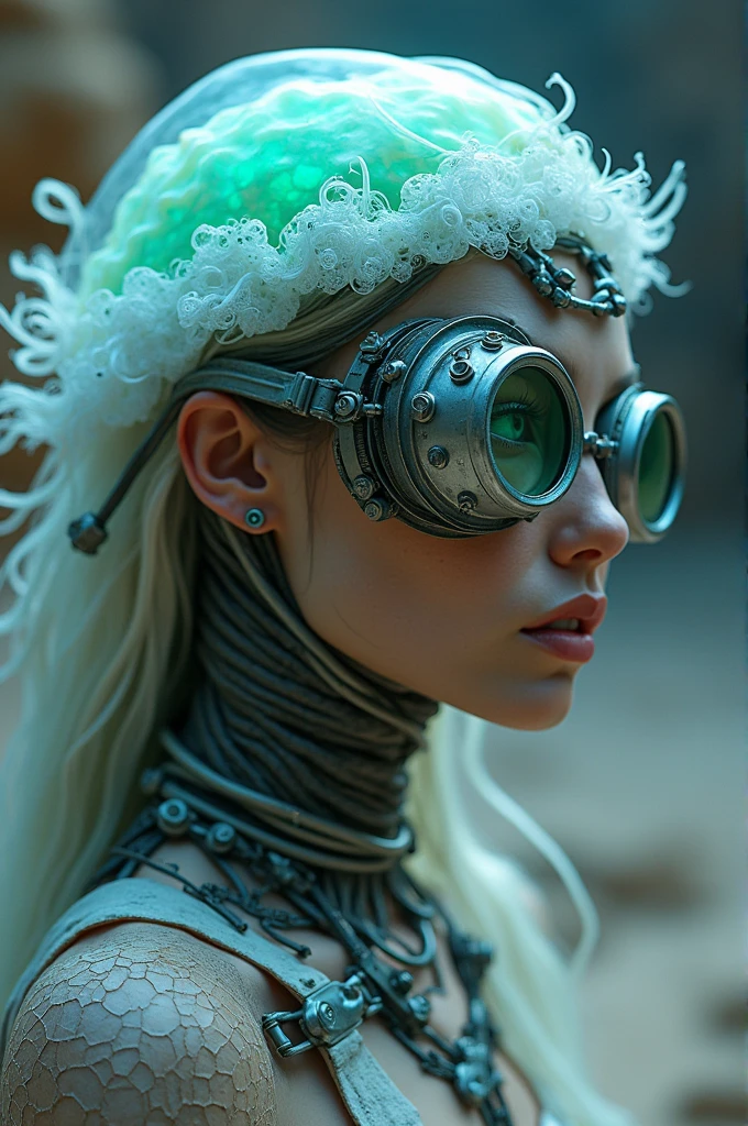 Ethereal Cyborg Woman, bioluminescent jellyfish tiara. Steampunk goggles merge with translucent tentacles. Cracked porcelain skin meets iridescent scales. Mechanical implants and delicate tendrils intertwine. Human characteristics with an otherworldly glow. Dreamy aquatic tones contrast with aged metal. Reflective eyes capture invisible worlds. Gentle bioluminescence meets a harsh desert landscape. Fusion of organic and synthetic, ancient and futuristic. Hyper-detailed textures, surreal atmosphere.