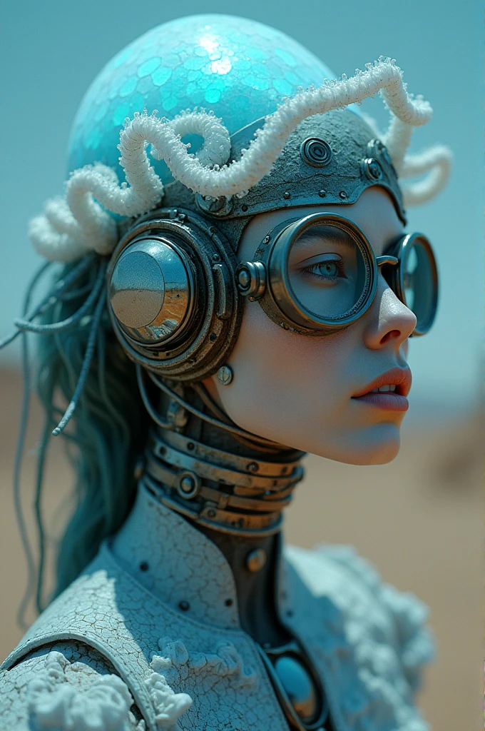 Ethereal Cyborg Woman, bioluminescent jellyfish tiara. Steampunk goggles merge with translucent tentacles. Cracked porcelain skin meets iridescent scales. Mechanical implants and delicate tendrils intertwine. Human characteristics with an otherworldly glow. Dreamy aquatic tones contrast with aged metal. Reflective eyes capture invisible worlds. Gentle bioluminescence meets a harsh desert landscape. Fusion of organic and synthetic, ancient and futuristic. Hyper-detailed textures, surreal atmosphere.