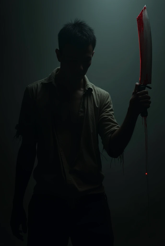 A dark, photorealistic scene capturing the silhouette of a man from behind, holding a machete with blood dripping from it. His clothes are torn, adding to the ominous atmosphere. The image is very dark, with the man's silhouette barely visible against the shadows, creating a sense of tension and mystery. The focus is entirely on the shadowy figure, emphasizing the blood dripping from the machete in his hand."