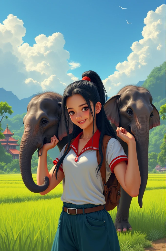 Thai muscle student girl carrying elephants