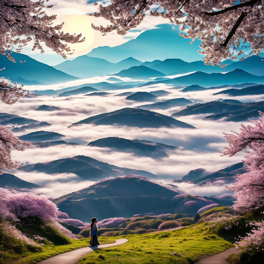 Mountains ranges on either side of a green field dotted with vibrant cherry blossom trees with a path running to the roots of the mountain, a near full moon is in the night sky above the right side mountains. a Caucasian punk woman waits on the path on the left side facing the the mist rolling up the valley towards her. her short brunette hair is cut in an asymmetric fade with blue tips. her open backed top reveals a cherry blossom tattoo from the left small of her back diagonally up to her right shoulder. painting