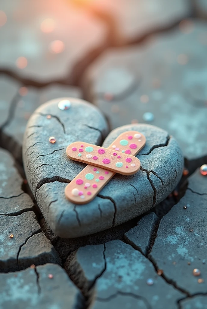 A stone heart cracked and being repaired with a band-aid