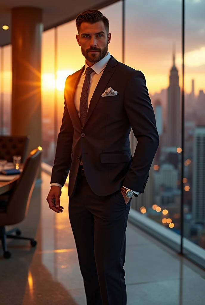 Father's hot business partner and best friend who is rich and hot and is not married. Make him hotter and fit. He looks small, make him taller and more fit, and more handsome