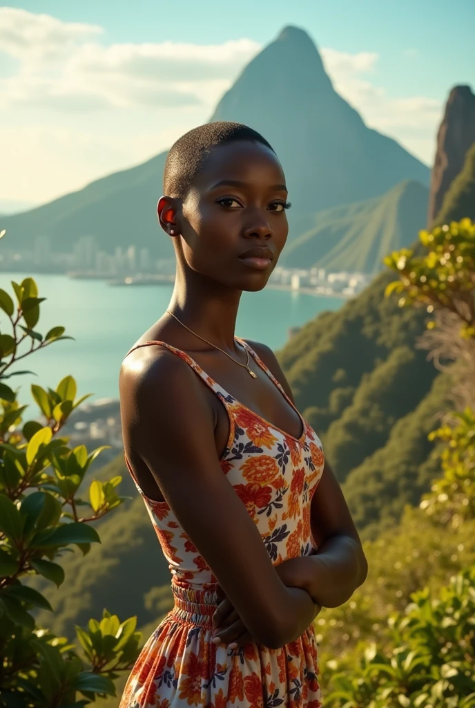 (photorealism:1.2), African woman with shaved hair , posing, Rio De Janeiro instagram filter