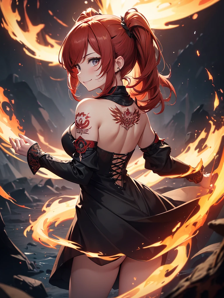 (((best quality, sharp image, clear image, cinematic lighting, 8k resolution, masterpiece, ultra detailed, intricate))) Girl, (((looking over left shoulder))), (shot from behind), ((shot from hip up)), fiery red hair, pigtails, ((intricate black dress)), ((flaming sigils, flaming runes)), spiky rock formations, (flaming lotus flowers frame), (intricate background), (chaotic background), ((Phoenix)), (swirling flames), smiling,tatoo on back