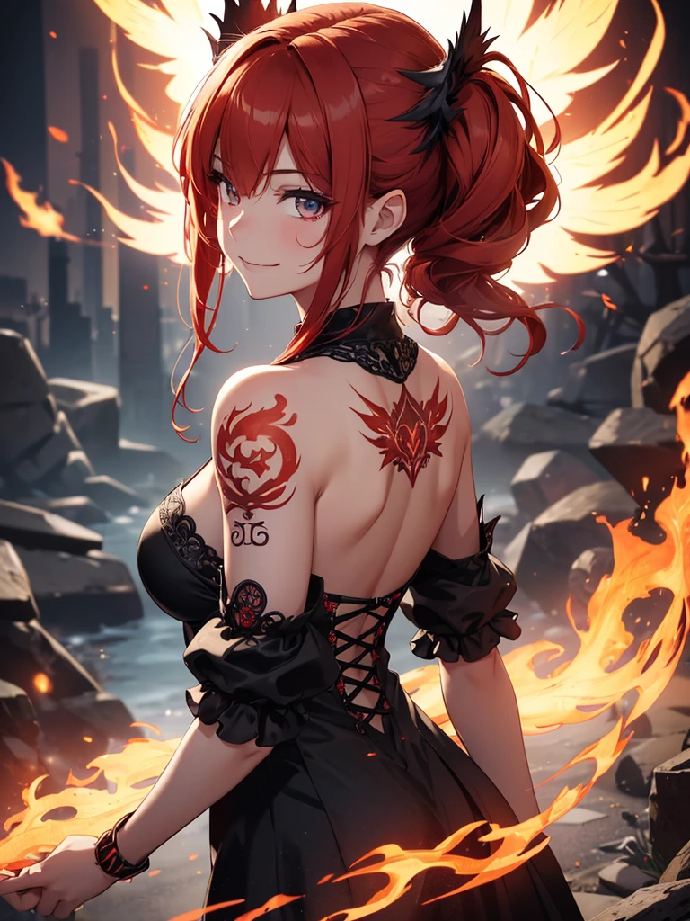(((best quality, sharp image, clear image, cinematic lighting, 8k resolution, masterpiece, ultra detailed, intricate))) Girl, (((looking over left shoulder))), (shot from behind), ((shot from hip up)), fiery red hair, pigtails, ((intricate black dress)), ((flaming sigils, flaming runes)), spiky rock formations, (flaming lotus flowers frame), (intricate background), (chaotic background), ((Phoenix)), (swirling flames), smiling,tatoo on back