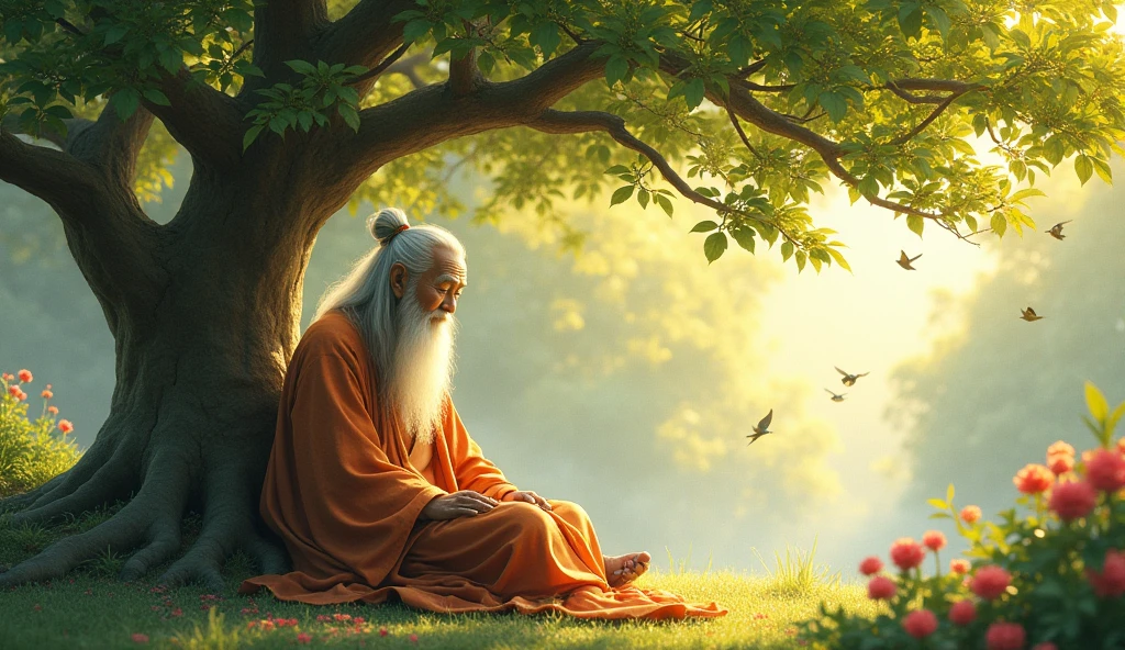Oriental man, older, wise, Resting under a leafy tree