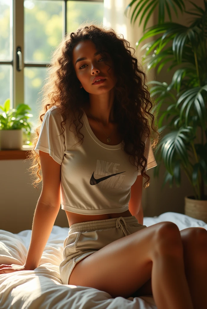 (photorealism:1.2), beautiful woman, sitting on bed, wearing nike shirt, short pants, long curly hair, indoors, soft lighting, plants in background, window with sunlight, cozy room, relaxed pose, realistic, intricate details, warm colors, by Greg Rutkowski, by Alphonse Mucha