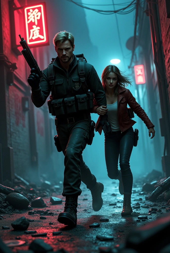 Leon, ashley,resident evil,with a gun raised,sprinting.