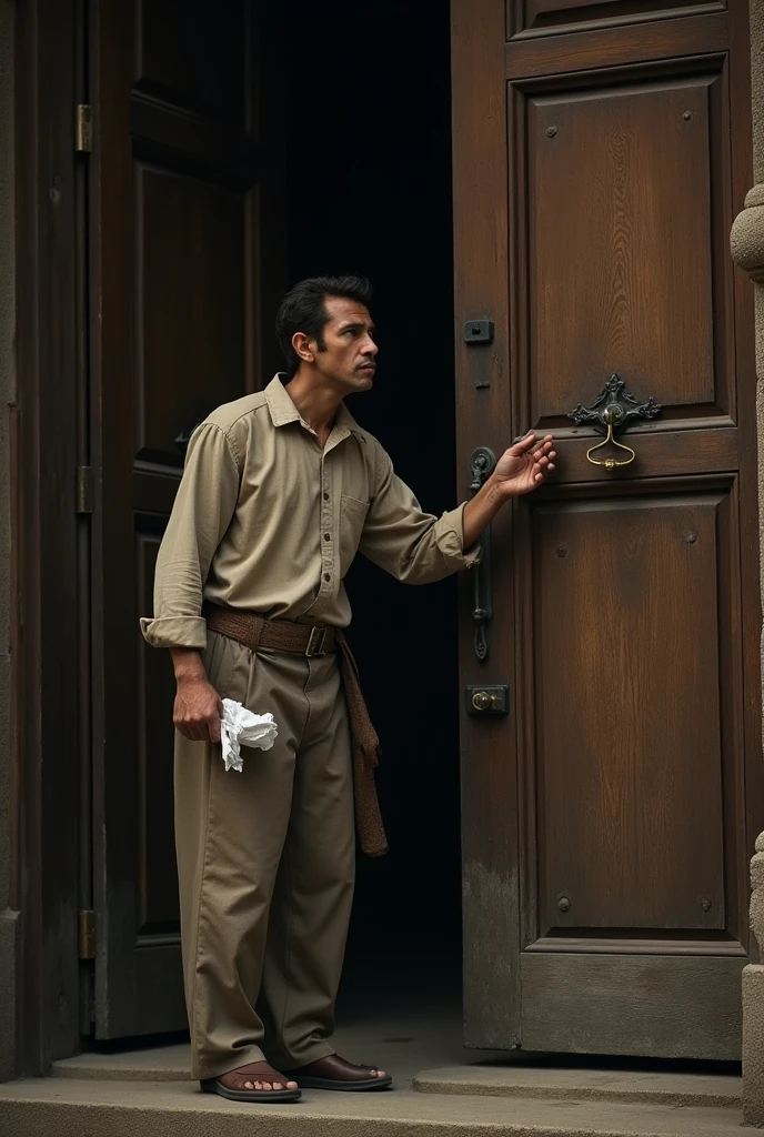 A poignant scene depicting a person standing in front of a church door, their face etched with a mix of desperation and hope. The person, dressed in modest clothing, is knocking on the heavy, weathered wooden door with a sense of urgency. In their hand, they hold a piece of paper tightly, as if it contains crucial information or a plea for help. The church door is adorned with intricate carvings and a brass knocker, emphasizing its solemn and sacred nature. The background is dimly lit, adding to the atmosphere of anticipation and emotional weight. The overall scene conveys a powerful sense of seeking refuge or assistance in a time of need.