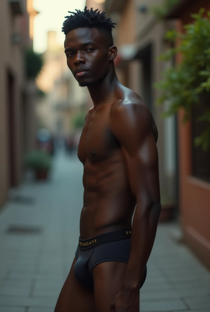 Full body naked young black man in underwear, sideways