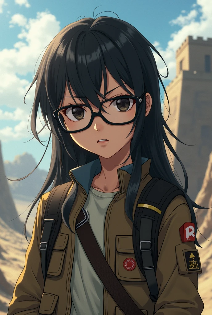 A young girl with a serious and determined expression. He has long dark hair, with messy bangs falling over her forehead. his eyes, slightly almond-like, They are framed by large, dark-framed glasses.. The expression in his eyes is intense and focused., typical of the detailed and realistic style of *Shinke no kyojin*. Her skin is light and her face is drawn with fine lines and shading that highlight her facial structure., giving it a strong and resolute appearance. The shading style is deep and emphasizes the details of her face., with a marked use of shadows and lines that enhance the contours of the hair and face.
who has the uniform of the exploration legion