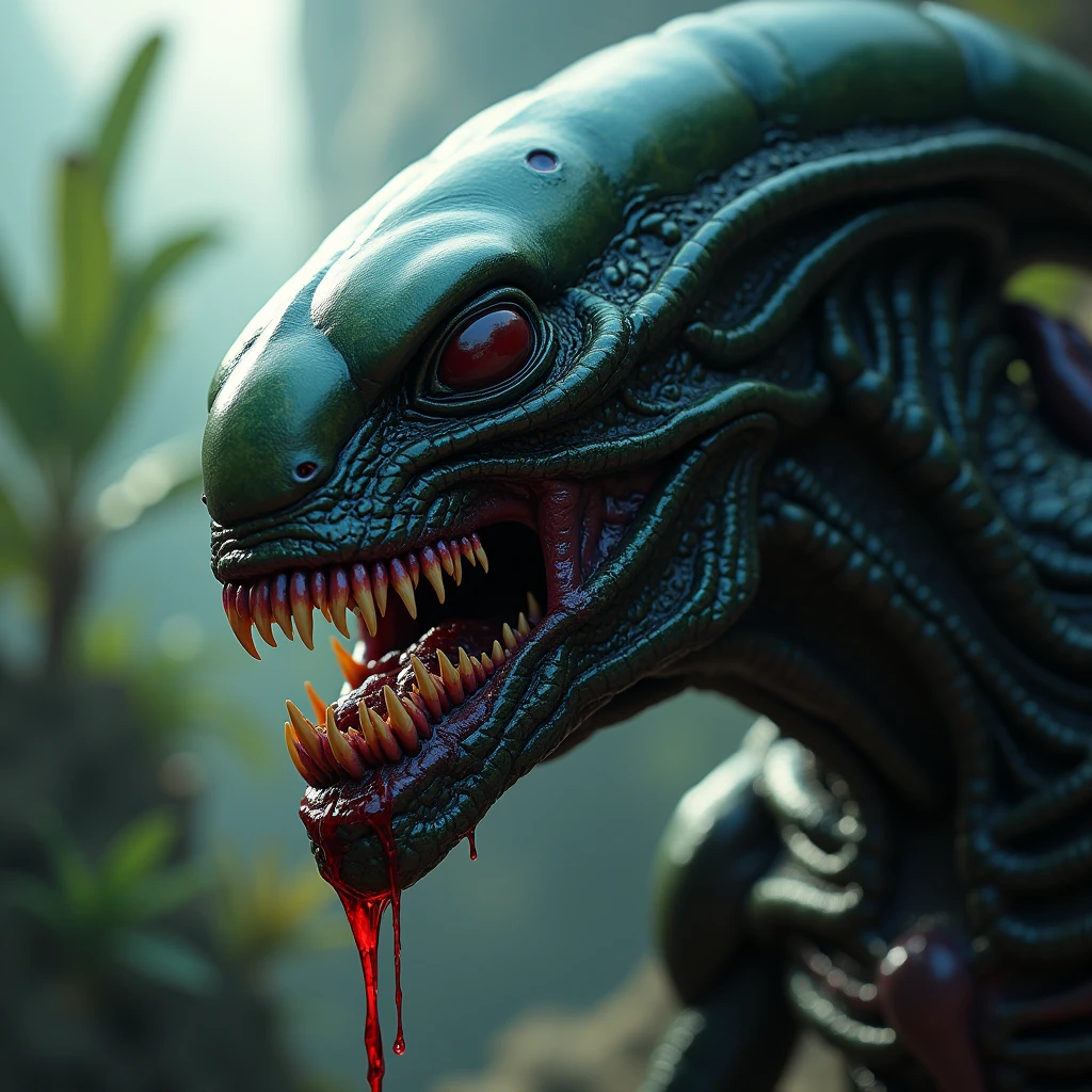masterpiece , Best Quality, alien predator, close-up photo, macro, mouth with blood, drops 8k uhd quality,