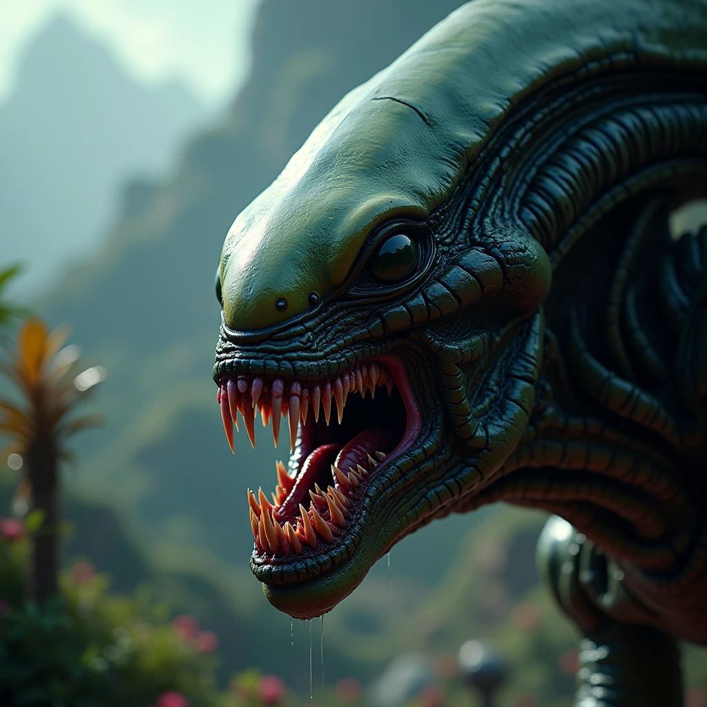 masterpiece , Best Quality, alien predator, close-up photo, macro, mouth with blood, drops 8k uhd quality,