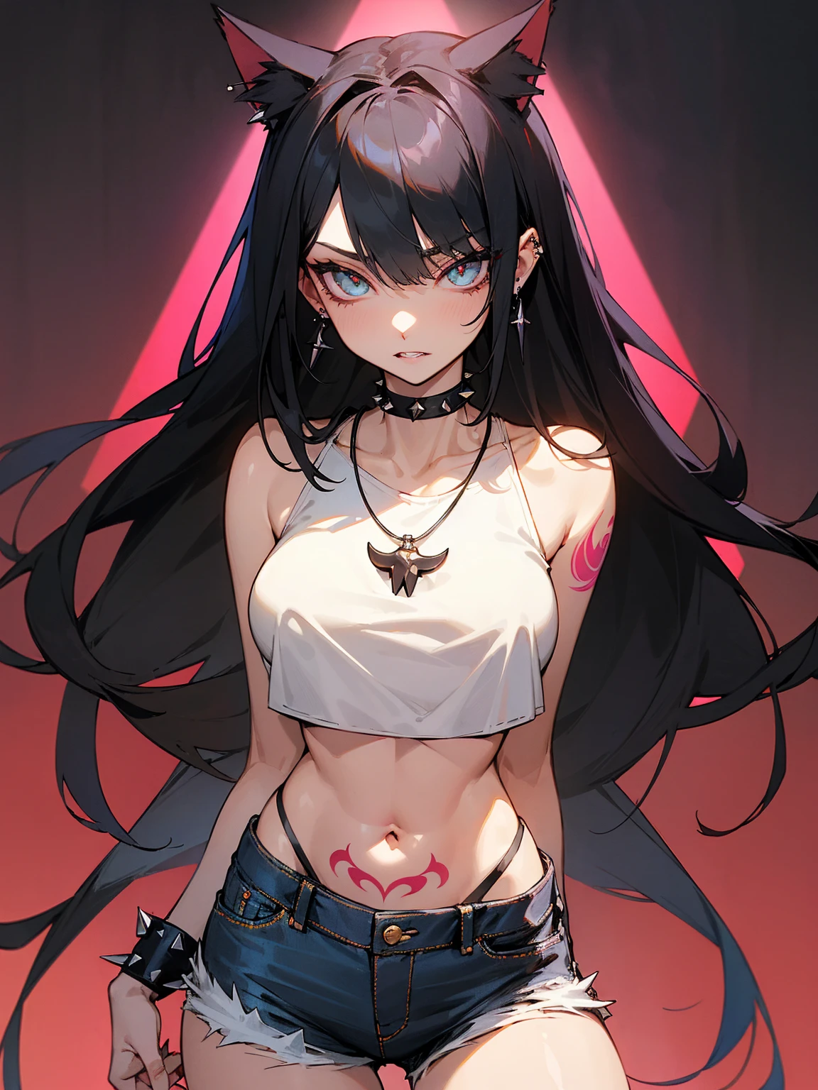 ((Long Straight Black hair)), Perfect face, Choker, Punk earrings, ((Tall)), ((High Quality)), Necklace, ((Mature)), Pretty Eyes, Sharp Nails, Bangs, ((1 Girl)), ((Multiple Earrings)), 1 girl, Spiky Earrings, Adult, Spiked Collar, Thin Eyelashes, ((Short Jeans)), ((Crop Top)), Close Up, Tall, Long Legs, ((Dynamic Pose)), Vibrant Colors, Sexy, Suggestive, Sexually Suggestive, Skinny, Teasing, Slender Body, Stylish, Bangs, Thick Eyeliner Around The Eyes, Tattoo Of Roses On Her Body, Small Eyes, Perfect Body, Sensual, ((Big Breasts)), Very Sharp Teeth, Thigh Highs, Punk, Close Up, Thick Thighs, Cat Girl, Very Large Cat Ears, Muscular,