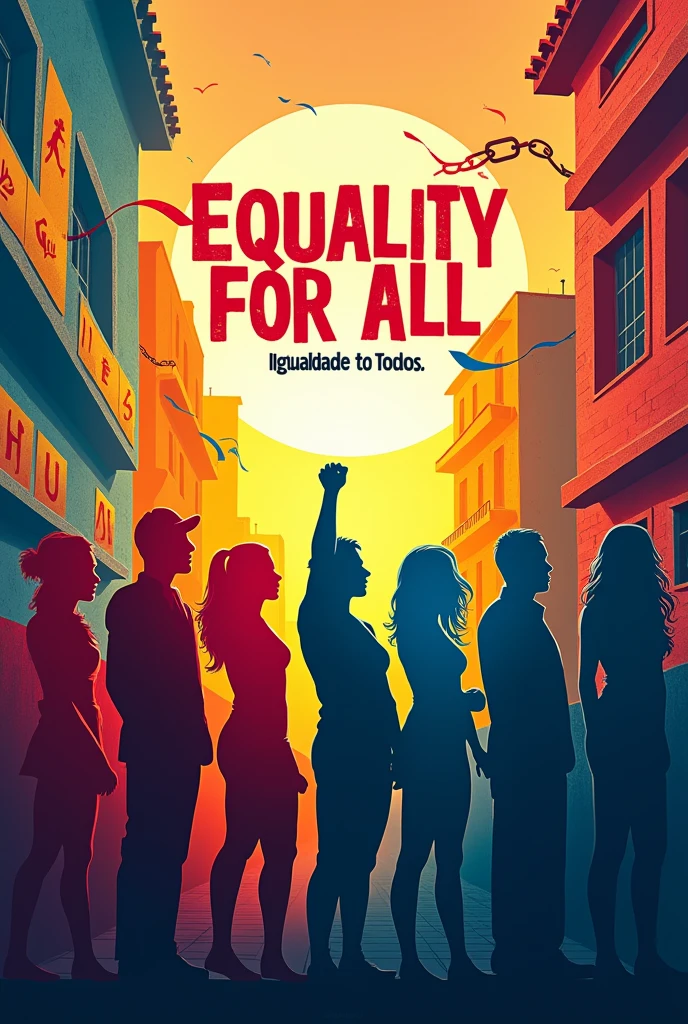 Create a bilingual poster (Portuguese-English) for an international campaign against gender discrimination, with legible words in both languages.
add information in Portuguese and English. make the words legible