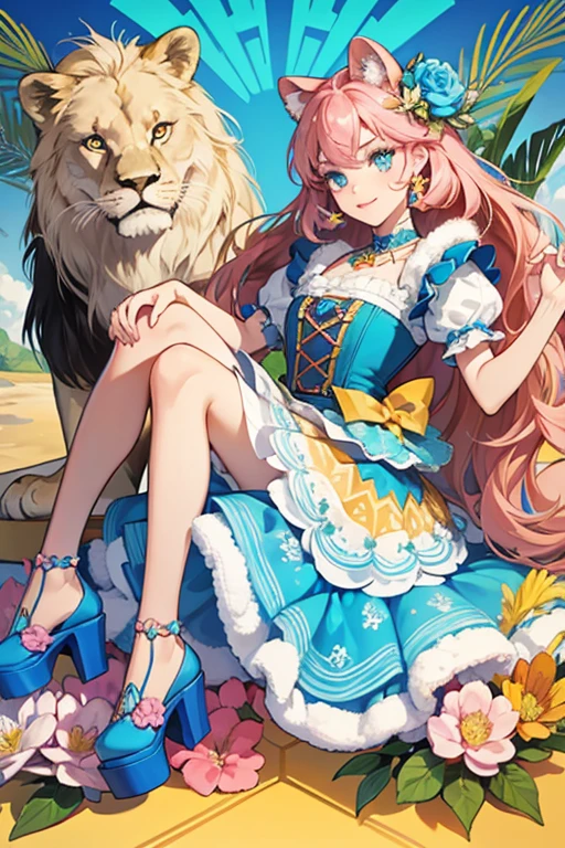 Liora has tan skin with white fur patches on her face and has blue eyes, orange lips, brown eyebrows, and a black nose. She has caramel and pink colored hair that hangs loose around her lion ears and down to her knees. Liora wears a molded-on blue bodice with a triangle and flower pattern on the blue part of the bodice and a geometric pattern on the top of the bodice. Her pink skirt has a blue band and a pattern of blue lion paws, green leaves, and blue, yellow, and orange exotic flowers. The look is augmented by a blue plastic fur stole. She wears big blue platform shoes with lion faces in front of the shoes and fur on top of the shoes with a bow molded into the fur. SPARKLE; GLITTER