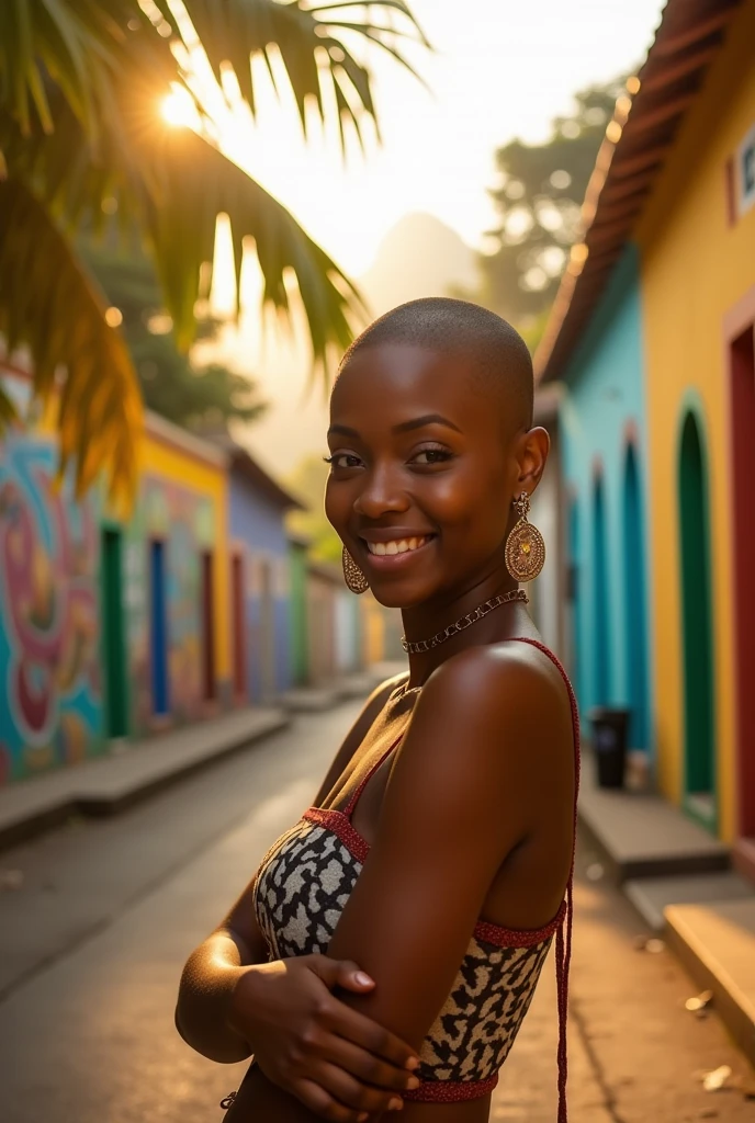 (photorealism:1.2), African woman with shaved hair , posing, Rio De Janeiro instagram filter