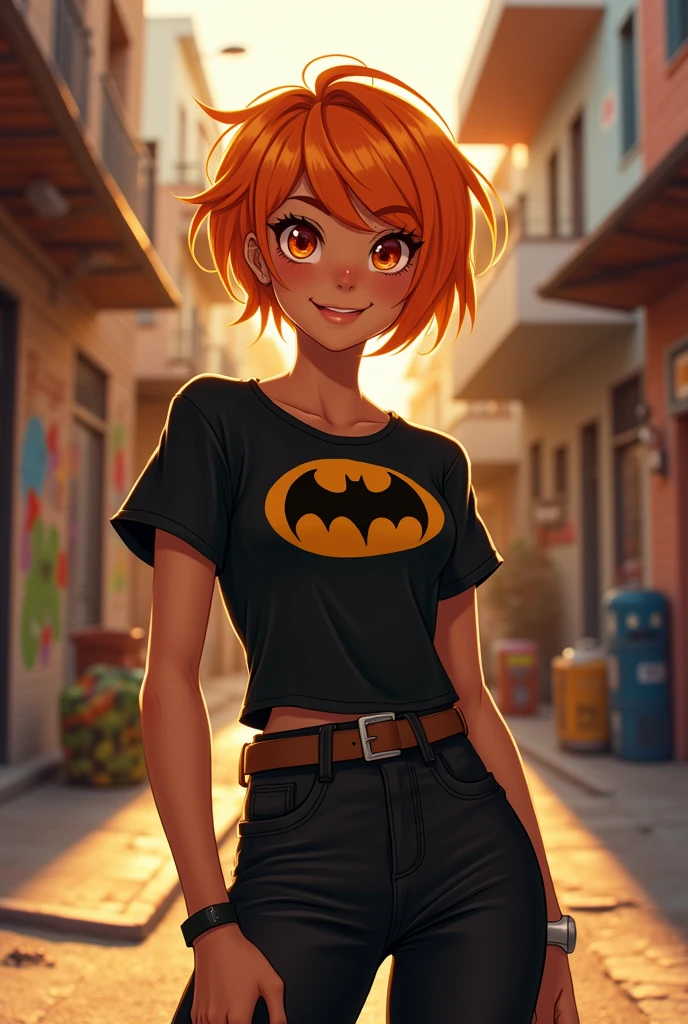 Tan skin, short orange hair, black pants, a short black Batman shirt. 