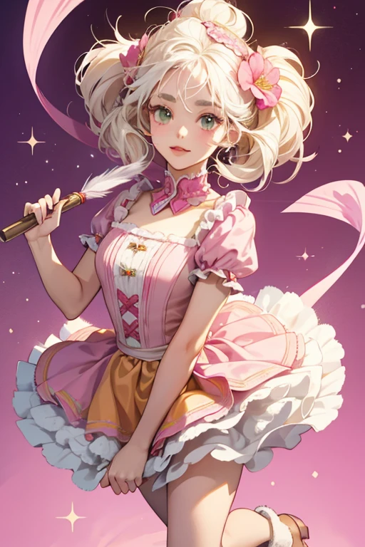 Lorna has a large fluff of white hair atop her head. Her ears are attached to her head, but in order to make them reach out of her afro, their base is severely elongated. Lorna's skin is pastel yellow, her eyebrows light brown, her eyes brown, her nose black, and her lips salmon. She does not have a tail. The outfit starts with a light green bodice which on the front sports a print of heart-flowers topped off at the collar by a pink trim with a small bow. Her skirt has a pattern of a range of flowers against a purple background, and has a scalloped trim. It is trimmed with soft pink fur. The look is augmented by a hot pink stole. Lorna wears short boots, which are medium brown and in the shape of wool with sheep faces on the noses. A hot orange flower is on her left ear. SPARKLE; GLITTER