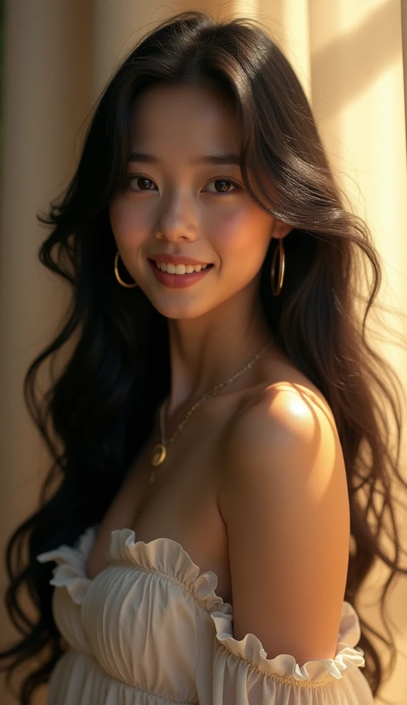 A beautiful girl with long black hair, striking a playful pose, serene expression, detailed facial features, delicate skin, soft lighting, cinematic composition, atmospheric background, dreamlike, elegant, highly detailed, photorealistic, 8K, best quality