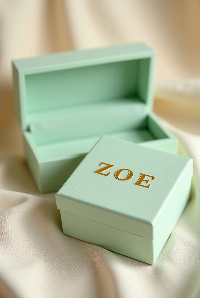 Create 3 rectangular jewelry boxes in a plain pastel pistachio green color, one open and one closed, with the name ZOE in Leoscar font in golden color.