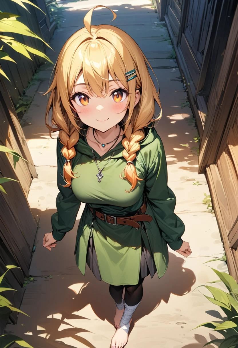 (masterpiece),(best quality),(ultra-detailed),(best illustration),(best shadow),(absurdres),(detailed background),(very aesthetic), 1girl, solo, twin-braids, braid, ankle-wrap, long-hair, blonde-hair, smile, simple-background, hair-ornament, ahoge, hood, hood-down, orange-hair, necklace, jewelry, full-body, looking-at-viewer, barefoot, toeless-legwear, hairclip, twintails, skirt, long-sleeves, orange-eyes, belt, breasts, green clothes