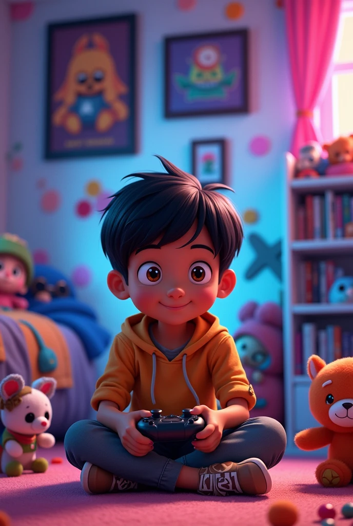 Create an image of an animated boy with brown skin, straight black hair, brown eyes who likes video games.