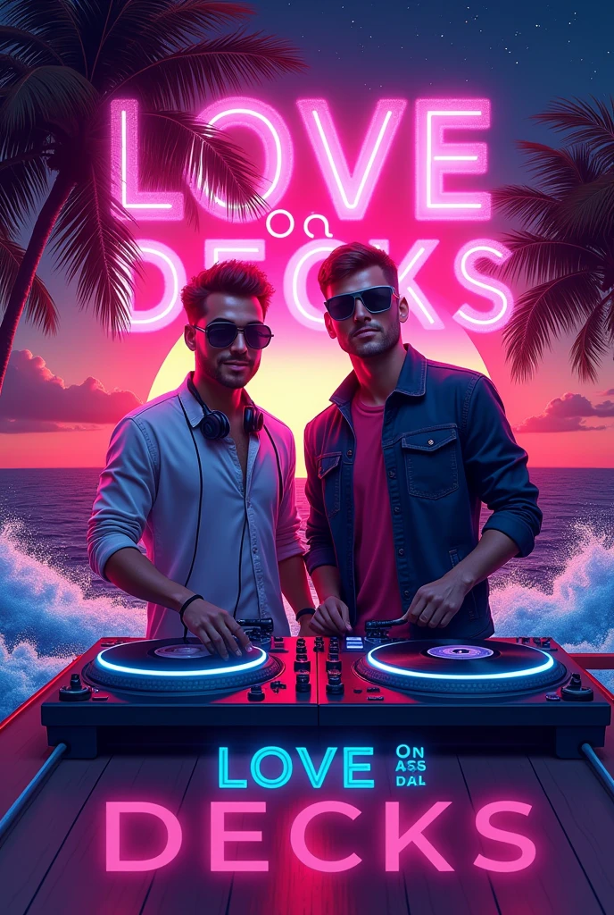 I need an artwork for a club event, the Name is LOVE ON DECKS, the name of this 80's and 90's party is a pun of cruise ship and DJ turn tables. Be sure that the following is part of it artwork the Names of the two DJs: DJ FRANK JR and DJ FROSTI