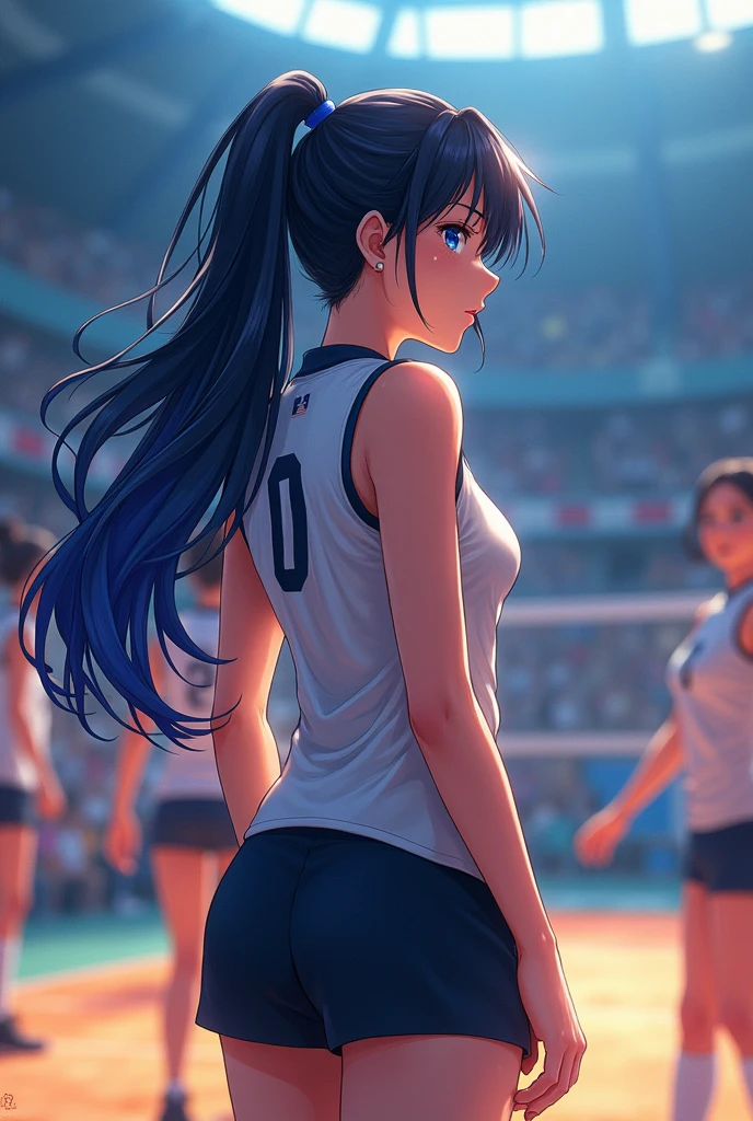 Create a female Haikyuu anime character with long blue and black hair., with navy blue eyes