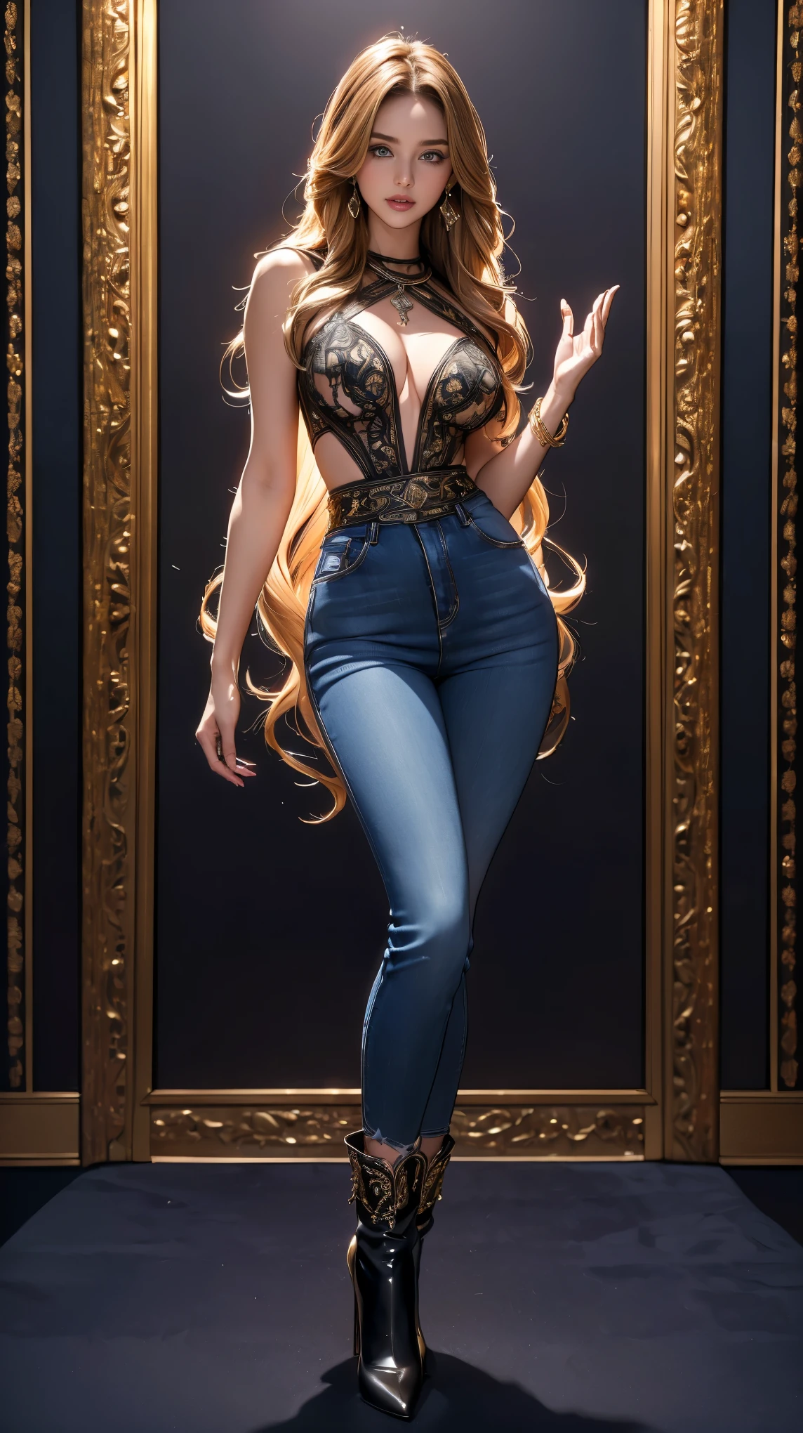 (ultra-detailed, photorealistic, best quality, 4k, 8k, highres, masterpiece:1.3), Helen of Troy as a modern-day online influencer model, age 25, combining her legendary beauty with contemporary allure, She is depicted with strikingly beautiful features, her long, wavy hair cascading down her back like liquid gold, Her eyes are a mesmerizing shade of blue, reflecting both seduction and intelligence, Her outfit includes a Top: An elegant, provocative blouse that accentuates her figure, Bottom: High-waisted, designer jeans that highlight her curves while maintaining a chic look, Shoes: Stylish, high-heeled ankle boots that add to her sophisticated appeal, Accessories: Modern gold jewelry, including layered necklaces, bracelets, and statement earrings, adding to her allure and status, Background: Elements of a luxurious urban apartment with opulent decorations, enhancing the aura of modern decadence and beauty, The illustration captures her magnetic charm, confidence, and the dangerous allure of her beauty, (((intricate detail, super finely detailed hands, ultra finely detailed fingers, ten fingers, standing seductively, full body showcase, show full body))).