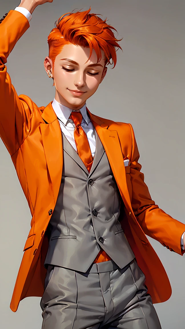 (tanned twink man boy:1.2), (solo:1.2), (grey background:1.2), (orange prince suit:1.2), (orange undercut hair:1.2), (dancing happy:1.2), (closed eyes:1.2), (smile:1.2)