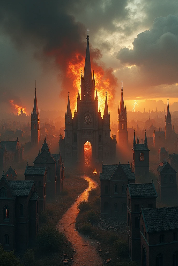 A dramatic scene showing churches facing various forms of punishment or destruction. Multiple churches, each with distinct architectural styles, are depicted in different states of distress. Some are engulfed in flames, with smoke billowing from the rooftops, while others show structural damage, such as crumbling walls and shattered stained glass windows. In the background, a sky filled with dark, ominous clouds and lightning further amplifies the sense of chaos and divine retribution. The scene reflects the gravity of the punishment being inflicted, symbolizing a dramatic shift from reverence to ruin. The overall atmosphere conveys a profound sense of judgment and upheaval.