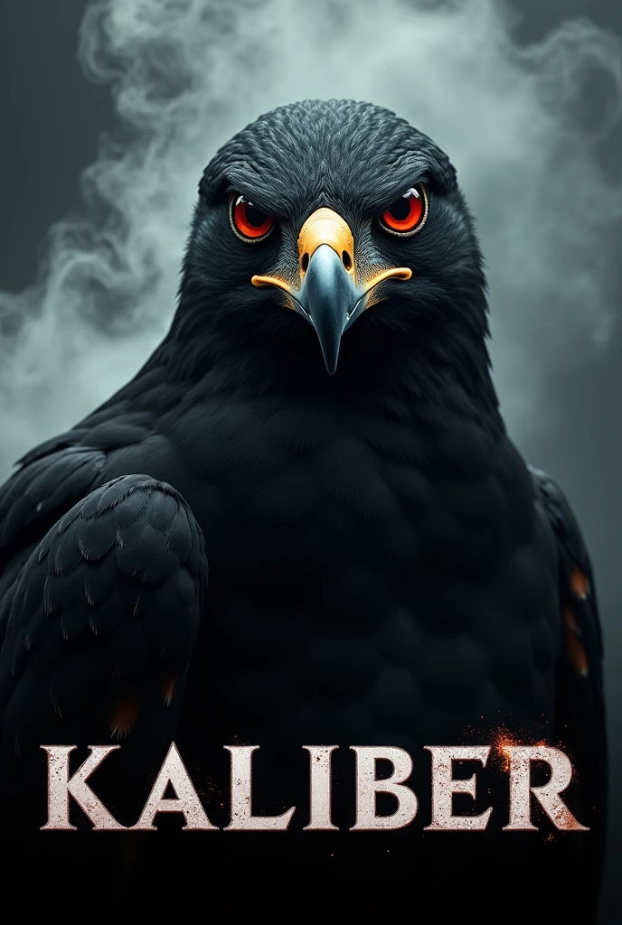 Just the face of a black faced hawk with red eyes with the words kaliber below it with smoke in the background 