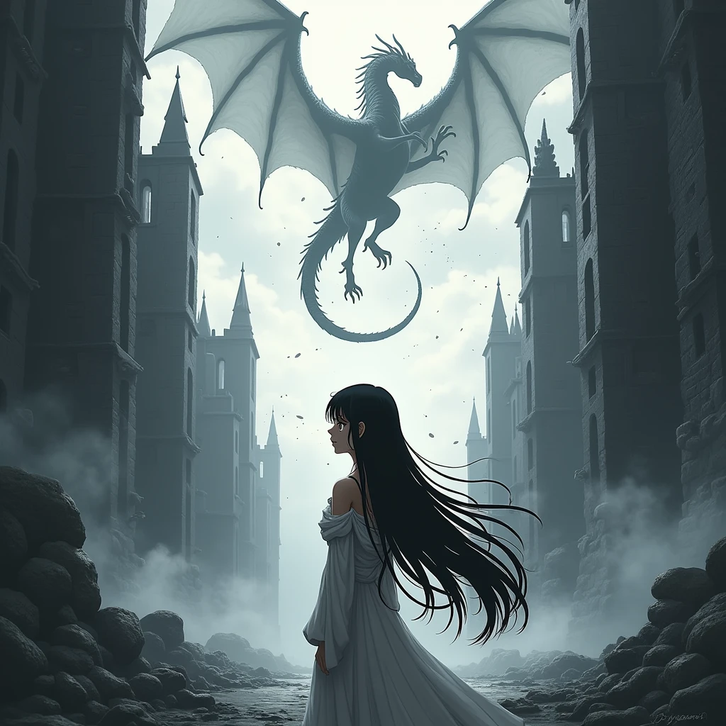 High resolution, High resolution, Ruin,Dragon,Hair blowing in the wind, tears, Correlation diagram, anime, woman,Black and White