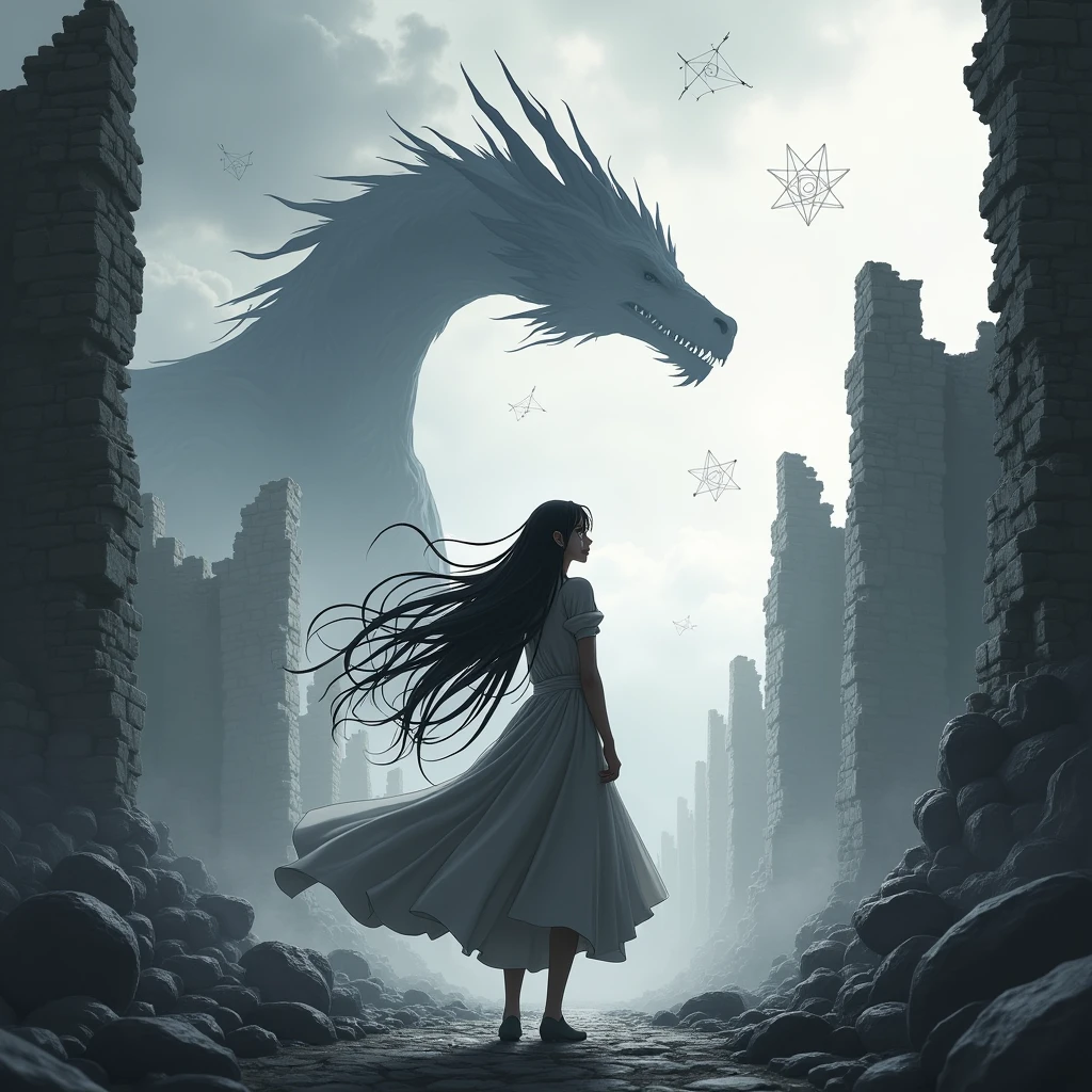 High resolution, High resolution, Ruin,Dragon,Hair blowing in the wind, tears, Correlation diagram, anime, woman,Black and White