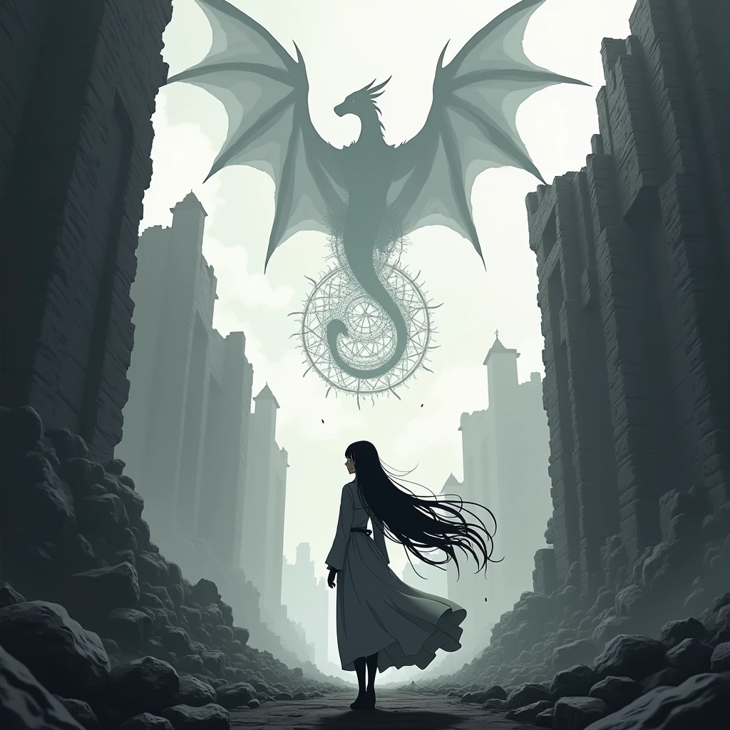 High resolution, High resolution, Ruin,Dragon,Hair blowing in the wind, tears, Correlation diagram, anime, woman,Black and White