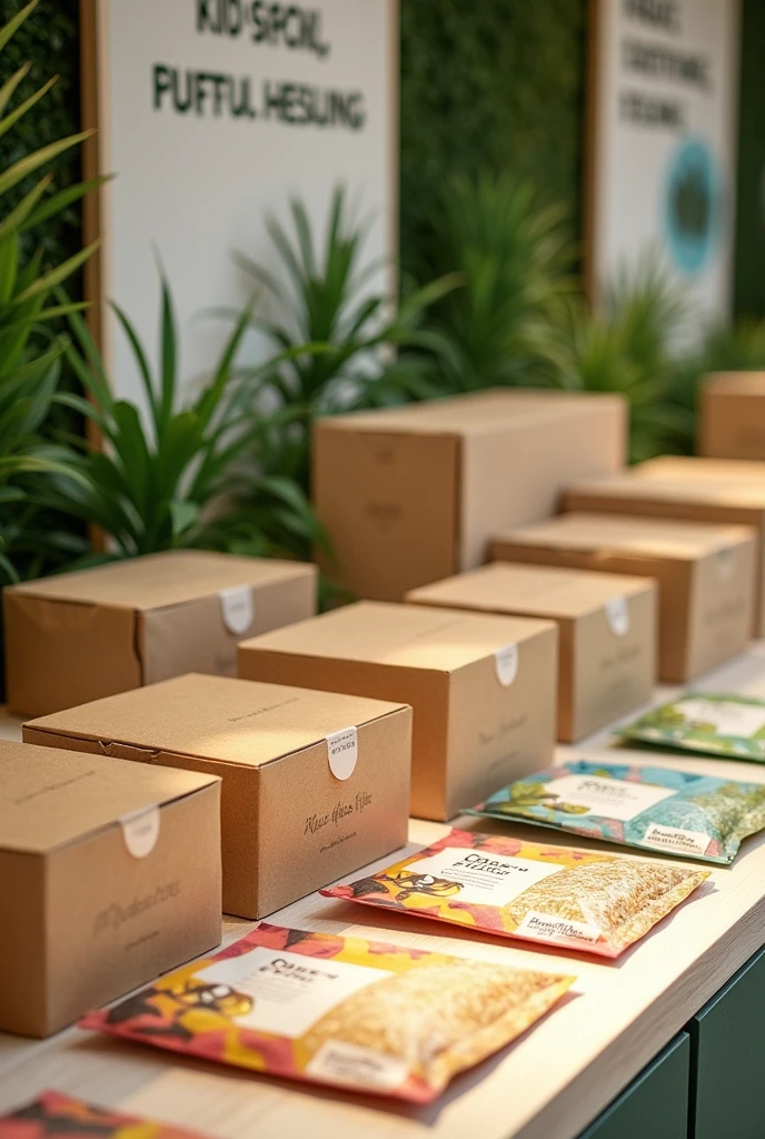 generate an image of kiosk display for product biodegradable rice husk food packaging box with food moisture absorber packet