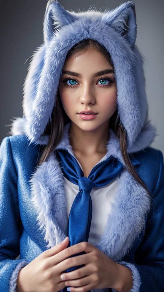 1 girl, blue fur, wolf girl, medium bust, school uniform, portrait, simple background, (fluffy:1.5) (best quality,4k,8k,highres,masterpiece:1.2),ultra-detailed,(realistic,photorealistic,photo-realistic:1.37),extremely detailed eyes and face,longeyelashes,beautiful detailed eyes,beautiful detailed lips,cinematic lighting,vivid colors,highly detailed
