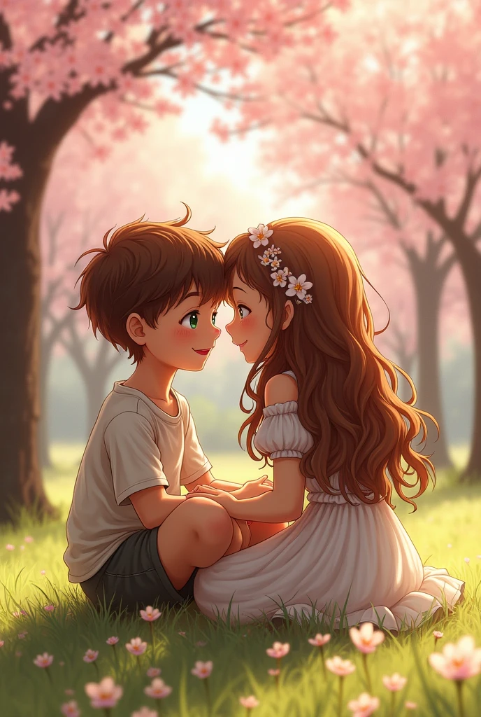 A boy and a girl are sitting together, and the boy has his hand on the girl's waist.