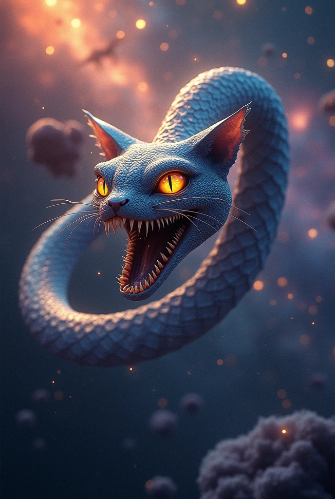 being in space with a snake body, Cat head and scary shark teeth, without arms, super scary