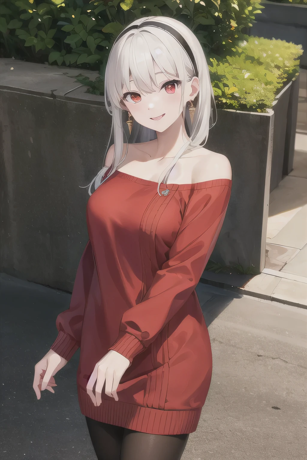 masterpiece, Highest quality, High resolution, Björf, Long hair short hair, White hair band, Red eyes, Gold earrings, Large Breasts, jewelry, Off the shoulder, Red sweater, Sweater dress, Long sleeve, Black Pantyhose, Outdoor, Standing cowboy shot, smile,