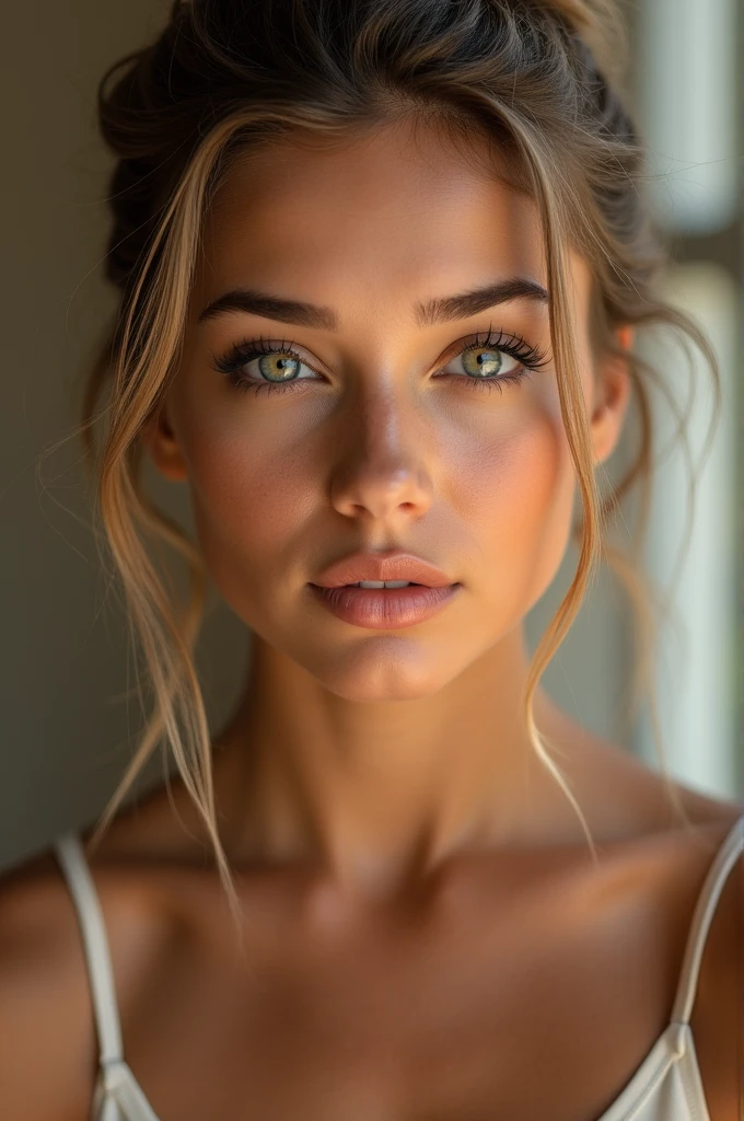colored photography, close up, ((a realisitic photo of a beautiful girl)), (milalc), Lumiere, ((shining skin)), gazing_phi_viewer, (shapely body:1.0), ((medium breasts)), high ponytail, detailed illustrphiion, work of art, high qualiy, realisitic, very highly detailed face,