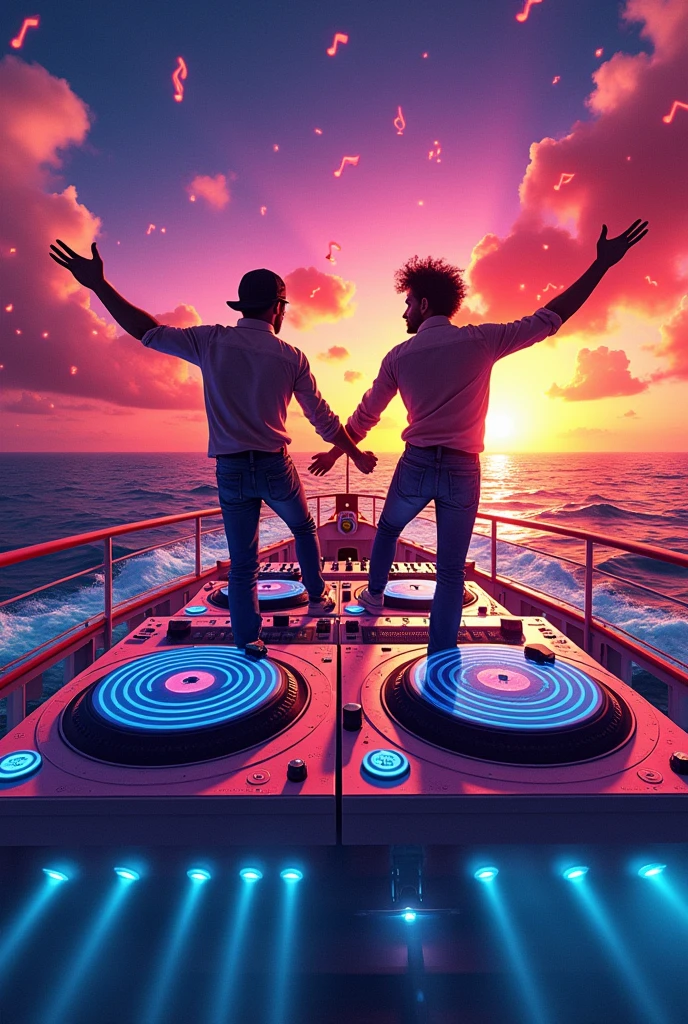 I need an artwork for a club event, the Name is LOVE ON DECKS, the name of this 80's and 90's party is a pun of cruise ship and DJ turn tables. Be sure that the following is part of it artwork the Names of the two DJs: DJ FRANK JR and DJ FROSTI