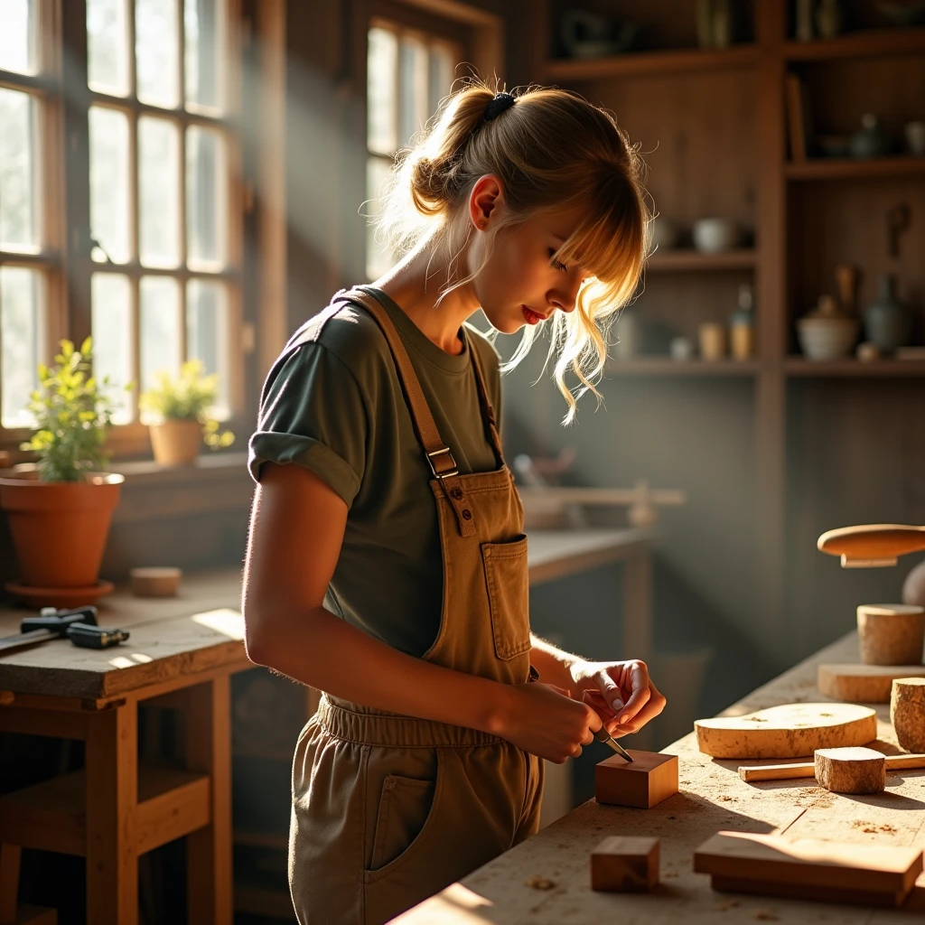 Taylor Swift, a singer with a natural face, is working in a carpentry workshop with a warm light shining from the outside.