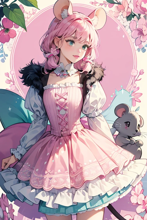 Mayla Mouse has grey skin with black eyebrows, green eyes, whiskers, and pink lips. She has mouse ears and a mouse tail. Mayla wears a molded-on bodice with light pink, dark pink, and blue polka dots on the regular part of the bodice with the rest of the bodice being a white spot with blue furry edges. The front of the white spot has a purple collar and three teal bows down the front that are on pink stripes behind the bows. She wears a skirt with a teal elastic band around the waist. The pattern consists of dark pink and light pink flowers and cheese. The skirt has a scalloped edge. Mayla wears calf-high black fur boots and she wears a cheese wheel in her right ear. A light pink fur stole completes the look. SPARKLE; GLITTER