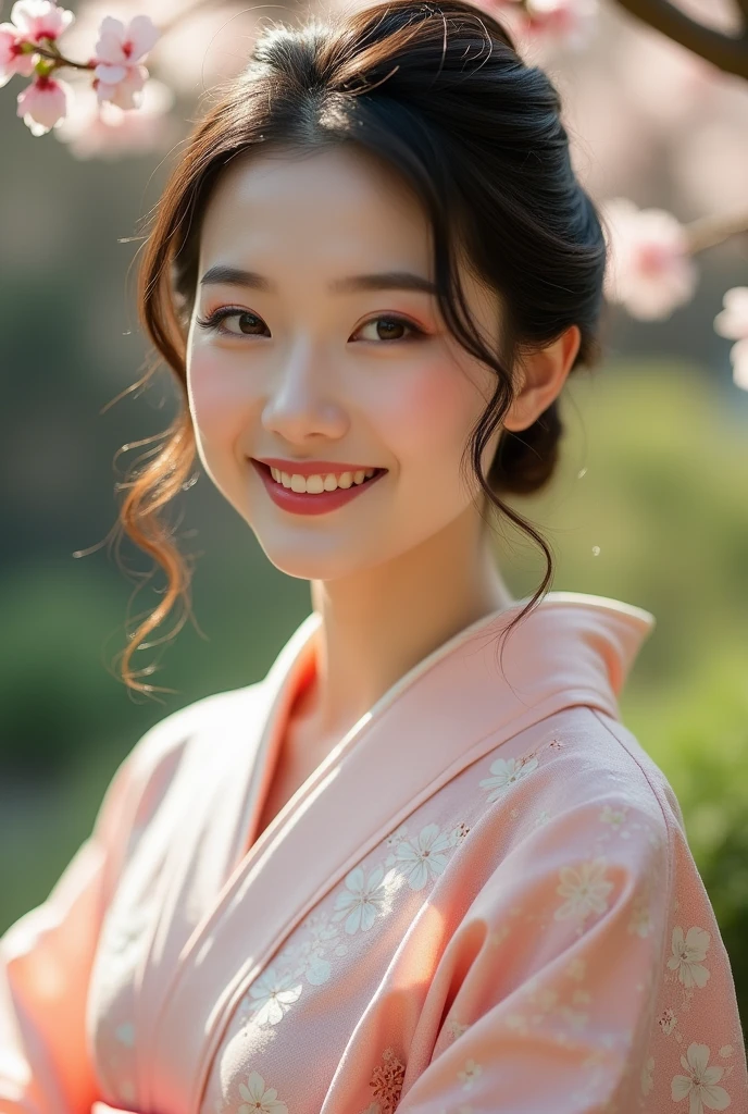 An elegantly dressed Japanese woman in natural light、A close-up of her chest and calm expression.、It shows her inner peace and outer charm.。