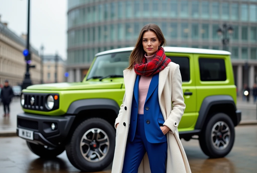 My car is the Suzuki Jimny.-Sierra Light Green-hmm、Environmentally friendly、Commemorative photo with the car、 A beautiful Scottish woman wearing Royal Blue blazer jacket, pink turtleneck sweater, Royal Blue pants, ((White Burberry winter overcoat)), (put a muffler around one's neck , Red tartan-check muffler), brown shoes , front MI 6 building in London , ((super detail, high details, high quality, accurate, anatomically correct, textured skin, beautiful fingers super detail, high details, high quality, best quality))