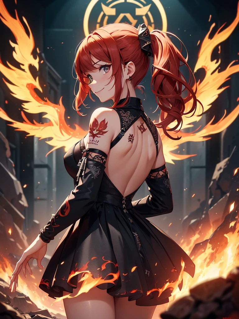 (((best quality, sharp image, clear image, cinematic lighting, 8k resolution, masterpiece, ultra detailed, intricate))) Girl, (((looking over left shoulder))), (shot from behind), ((shot from hip up)), fiery red hair, pigtails, ((intricate black dress)), ((flaming sigils, flaming runes)), spiky rock formations, (flaming lotus flowers frame), (intricate background), (chaotic background), ((Phoenix)), (swirling flames), smiling,tatoo on back